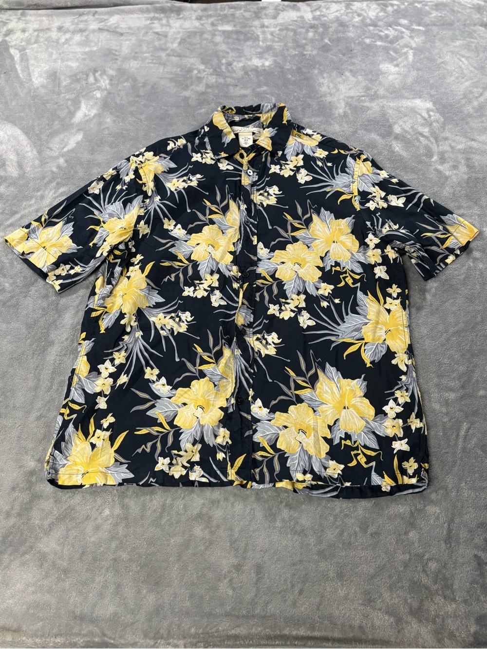 H&M Black Short-Sleeve Button-Down with Yellow Floral Print